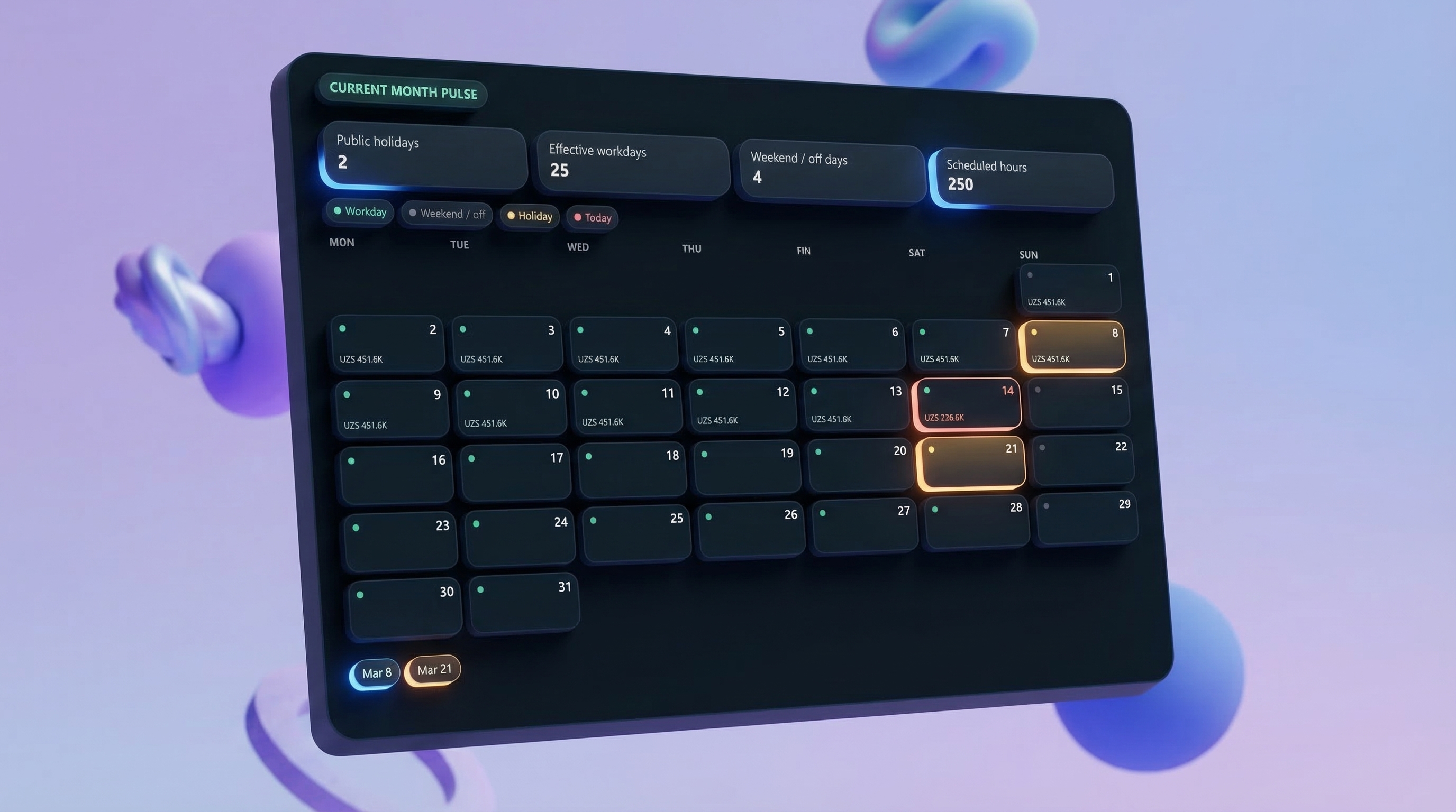 EarnFlo current month calendar pulse