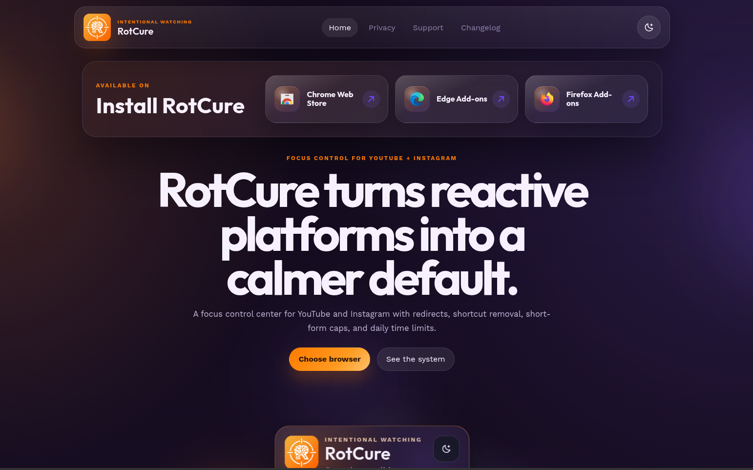 RotCure homepage and install CTA